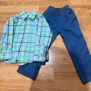 Boys dress outfit. Button up plaid shirt and coordinating blue dress pants